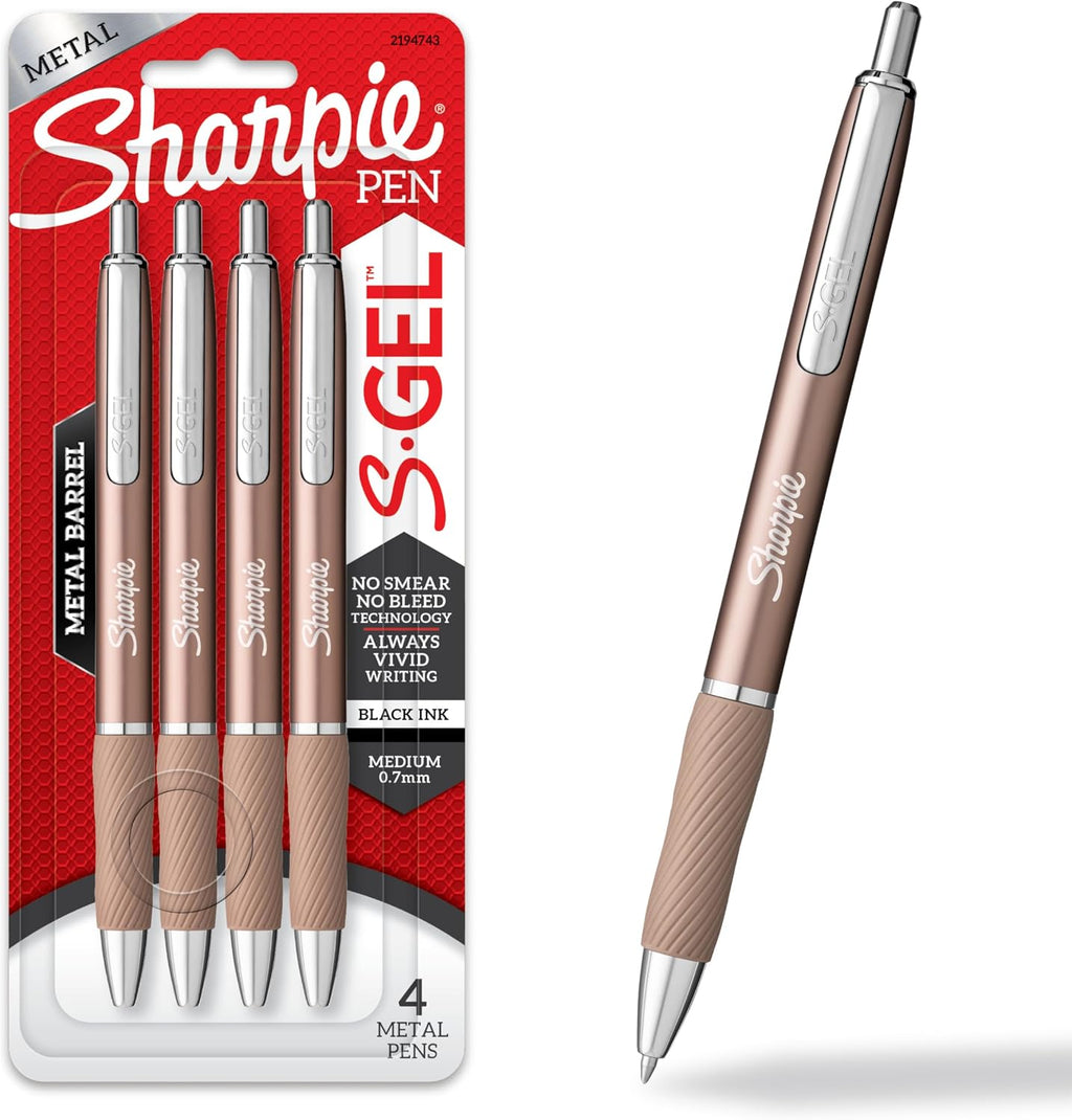 Sharpie S-Gel, Gel Ink Pens, Medium Point (0.7mm), Sleek Metal Barrel, Champagne, Black Ink, 4 Count - Drawing, Journaling, Writing, School, Teacher Supplies