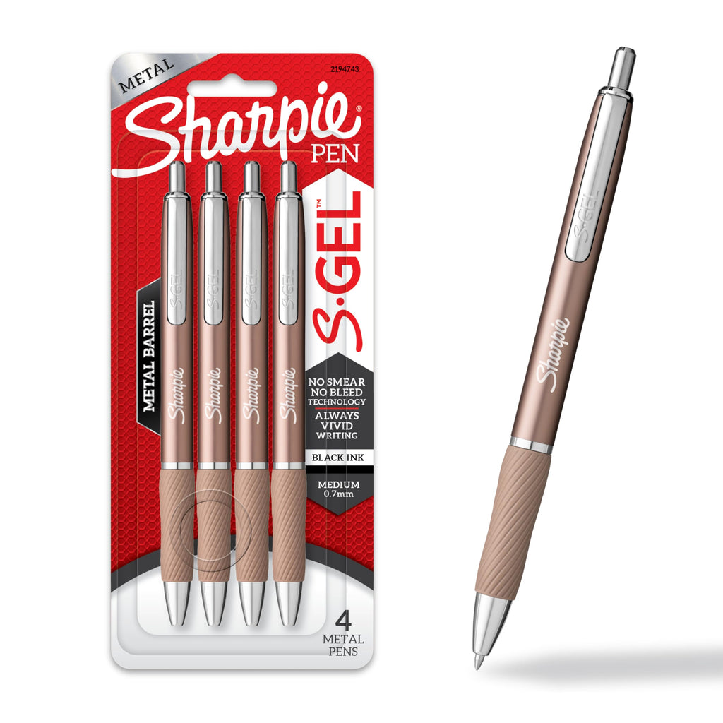Sharpie S-Gel, Gel Ink Pens, Medium Point (0.7mm), Sleek Metal Barrel, Champagne, Black Ink, 4 Count - Drawing, Journaling, Writing, School, Teacher Supplies