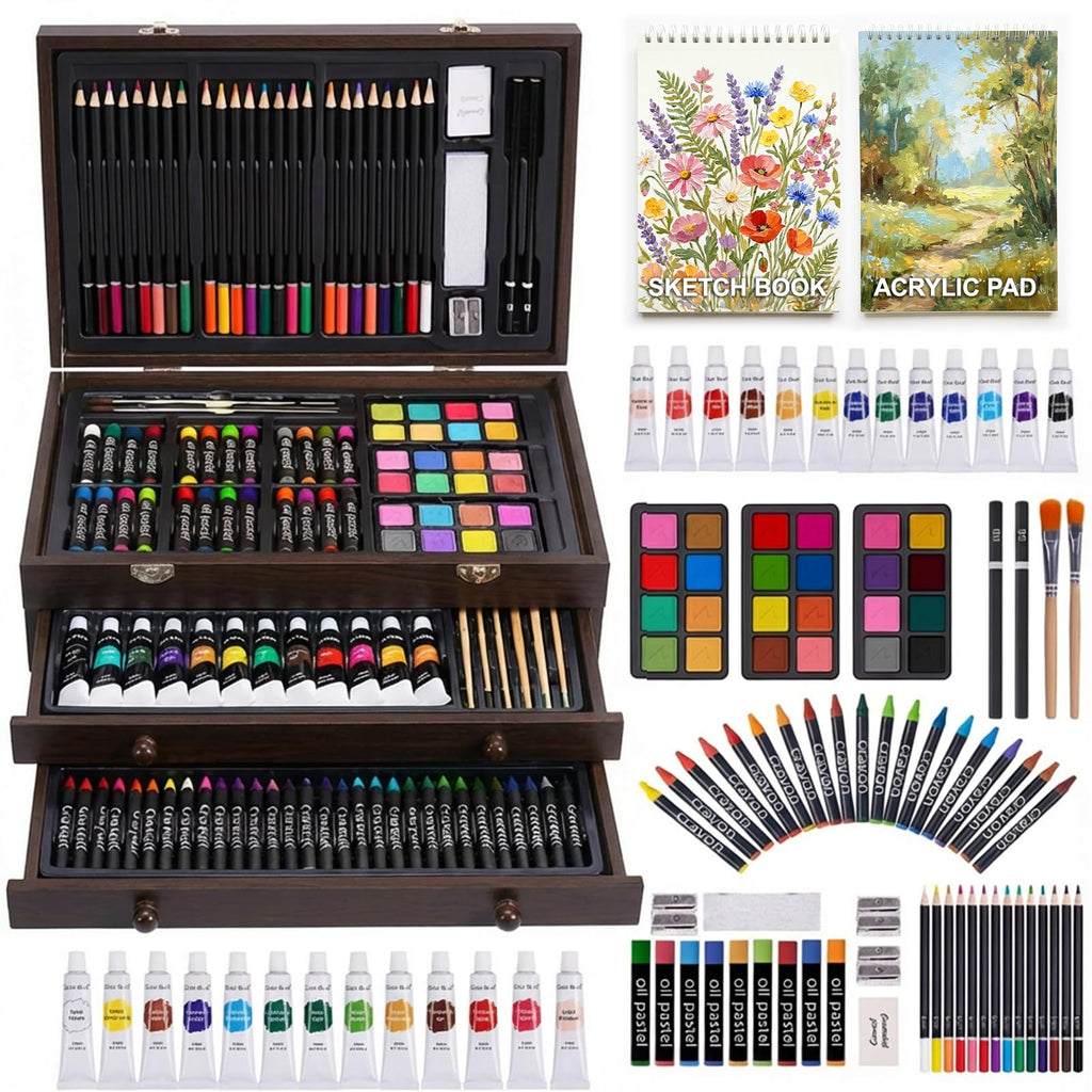 TMOL Art Supplies, 175-Pack Deluxe Art Set Drawing Painting Kit with 2 Drawing Pads, Acrylic Paints, Colored Pencils, Crayons, Art Kit in Wooden Case, Gift for Artist, Adults, Teens and Kids