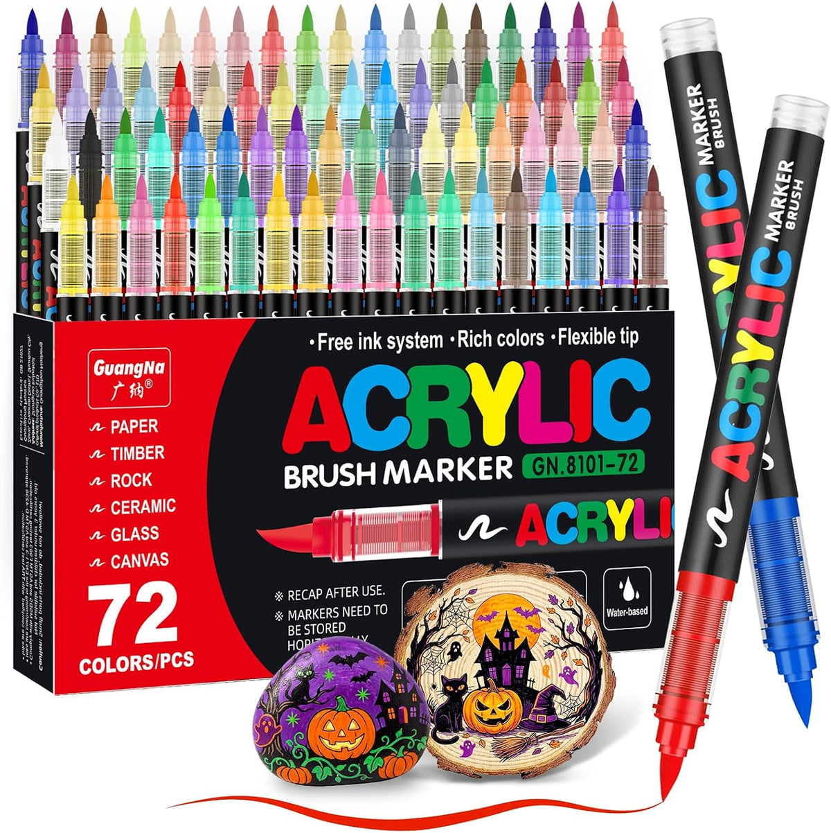 Guangna Acrylic Paint Markers Brush Tip, 72 Vivid Colors with Direct-Liquid Ink Control System, Professional-Grade Paint Pen for Rock Painting, Canvas, Glass, Plastic, Fabric & Creative Crafts