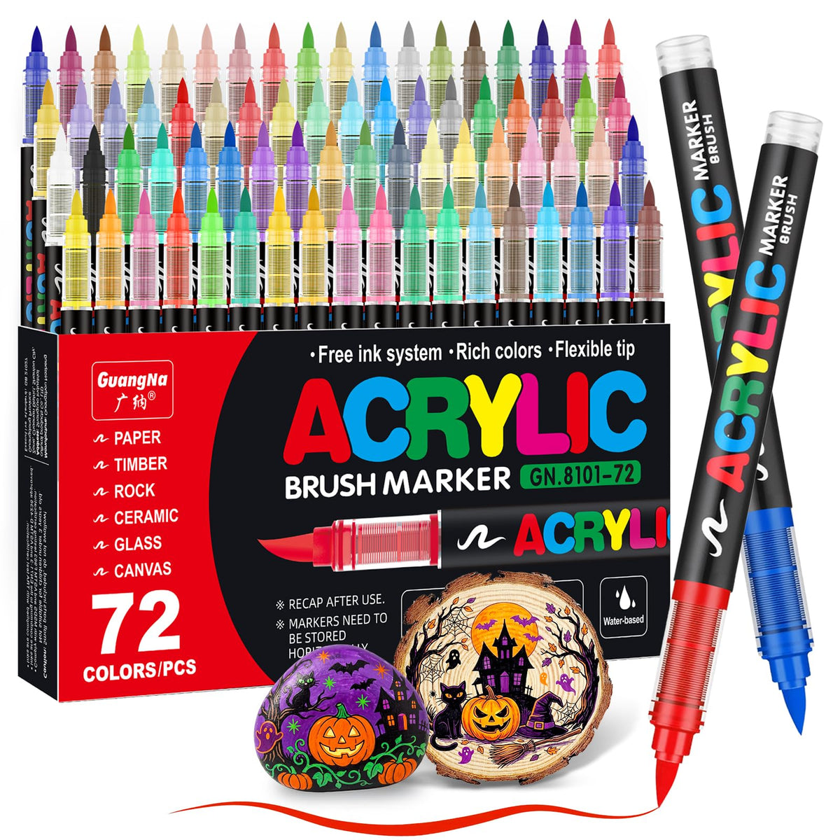 Guangna Acrylic Paint Markers Brush Tip, 72 Vivid Colors with Direct-Liquid Ink Control System, Professional-Grade Paint Pen for Rock Painting, Canvas, Glass, Plastic, Fabric & Creative Crafts