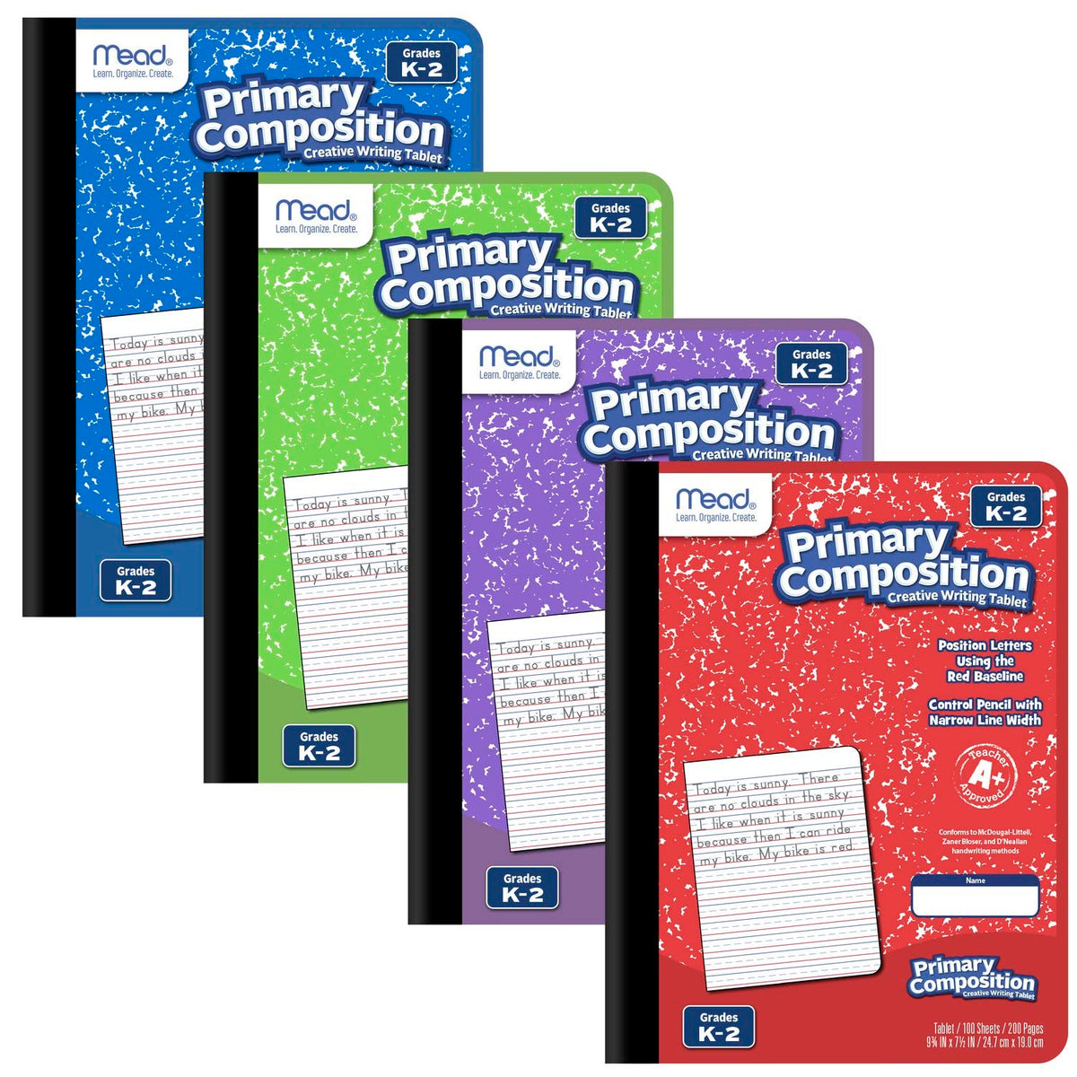 Mead Primary Composition Book, 4 Pack, Primary Ruled Journal, Grades K-2, 7-1/2" x 9-3/4", 100 Sheets per Comp Book, Assorted Colors (610053-ECM)