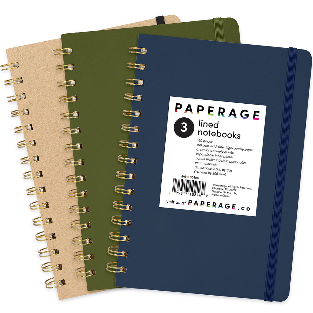 PAPERAGE Lined Spiral Journal Notebook, (Navy, Olive Green, Kraft), 3 Pack, 160 Pages, Medium 5.5 inches x 8 inches - 100 GSM Thick Paper, Hardcover, Double-Wire Spiral Journal & Notebook