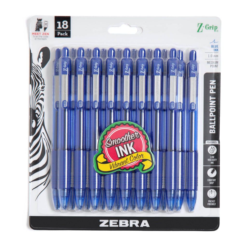 Zebra Pen Z-Grip Retractable Ballpoint Pen, Black Ink, 1.0mm, 18-Pack