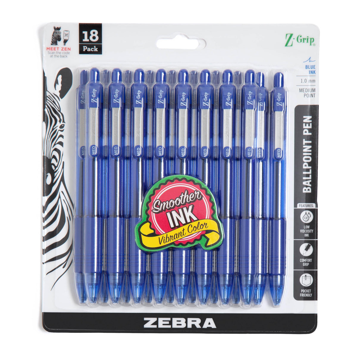 Zebra Pen Z-Grip Retractable Ballpoint Pen, Black Ink, 1.0mm, 18-Pack