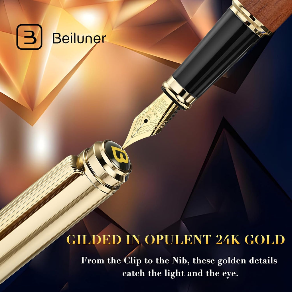 BEILUNER 316 Fountain Pen,Stunning Luxury,24K Gilded Nib(Fine)-Rosewood