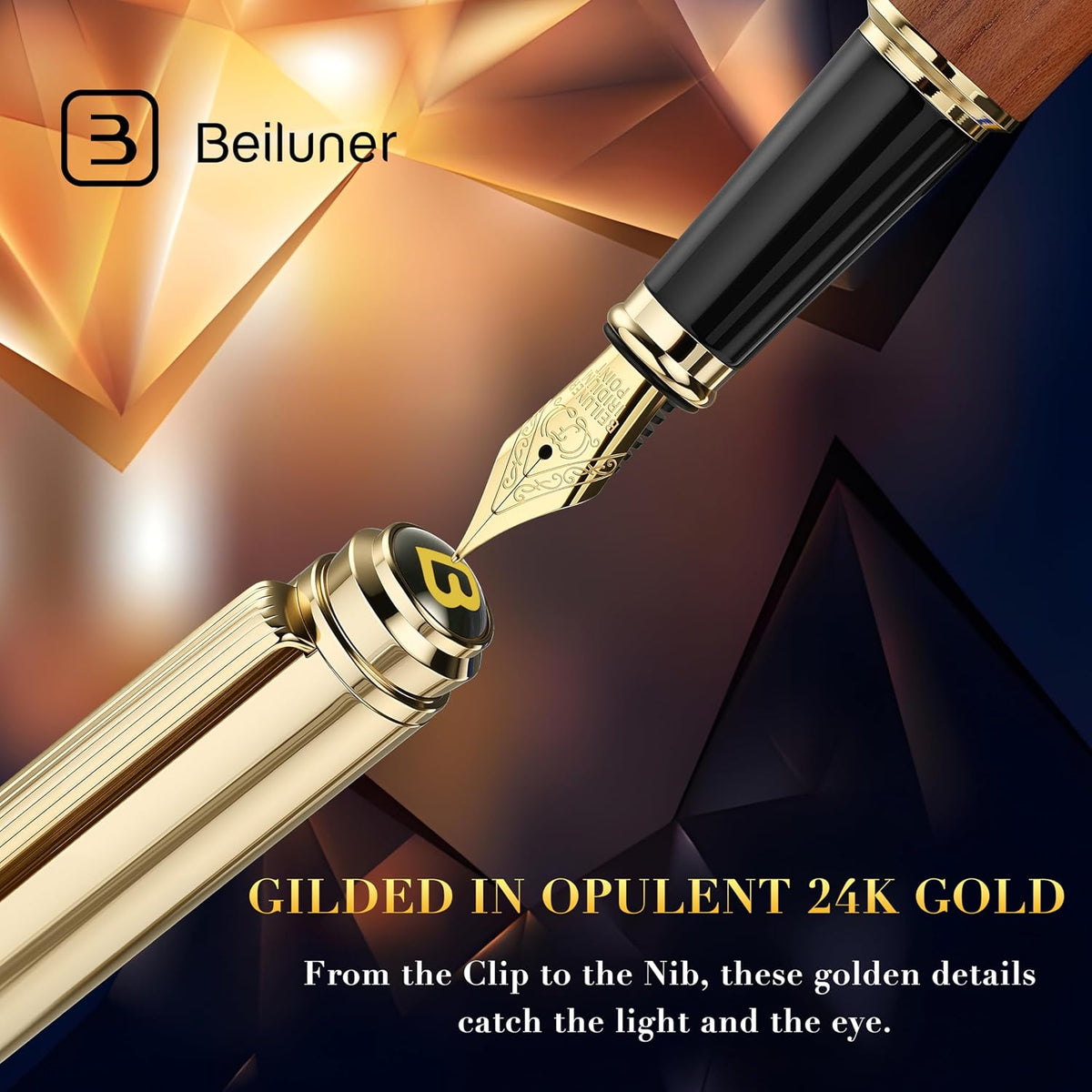BEILUNER 316 Fountain Pen,Stunning Luxury,24K Gilded Nib(Fine)-Rosewood