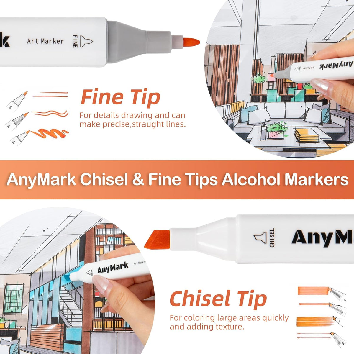 AnyMark 60 Colors Alcohol Markers Chisel & Fine Dual Tip