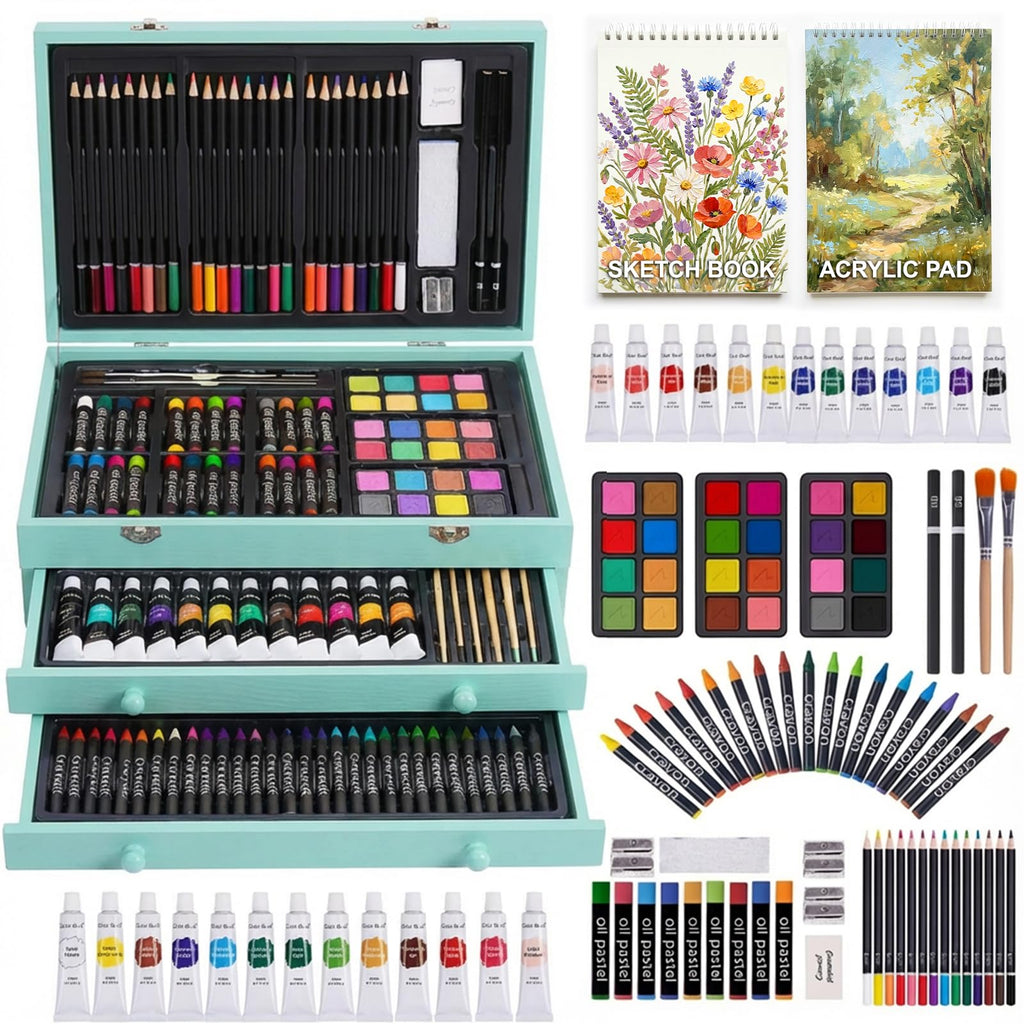 TMOL Art Supplies, 175-Pack Deluxe Art Set Drawing Painting Kit with 2 Drawing Pads, Acrylic Paints, Colored Pencils, Crayons, Art Kit in Wooden Case, Gift for Artist, Adults, Teens and Kids