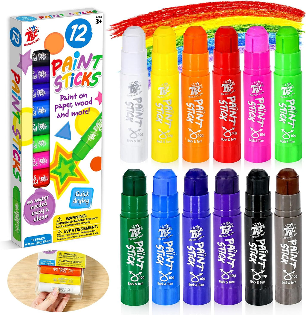 TBC The Best Crafts Paint Sticks for Kids Ages 2-8, 12 Classic Colors