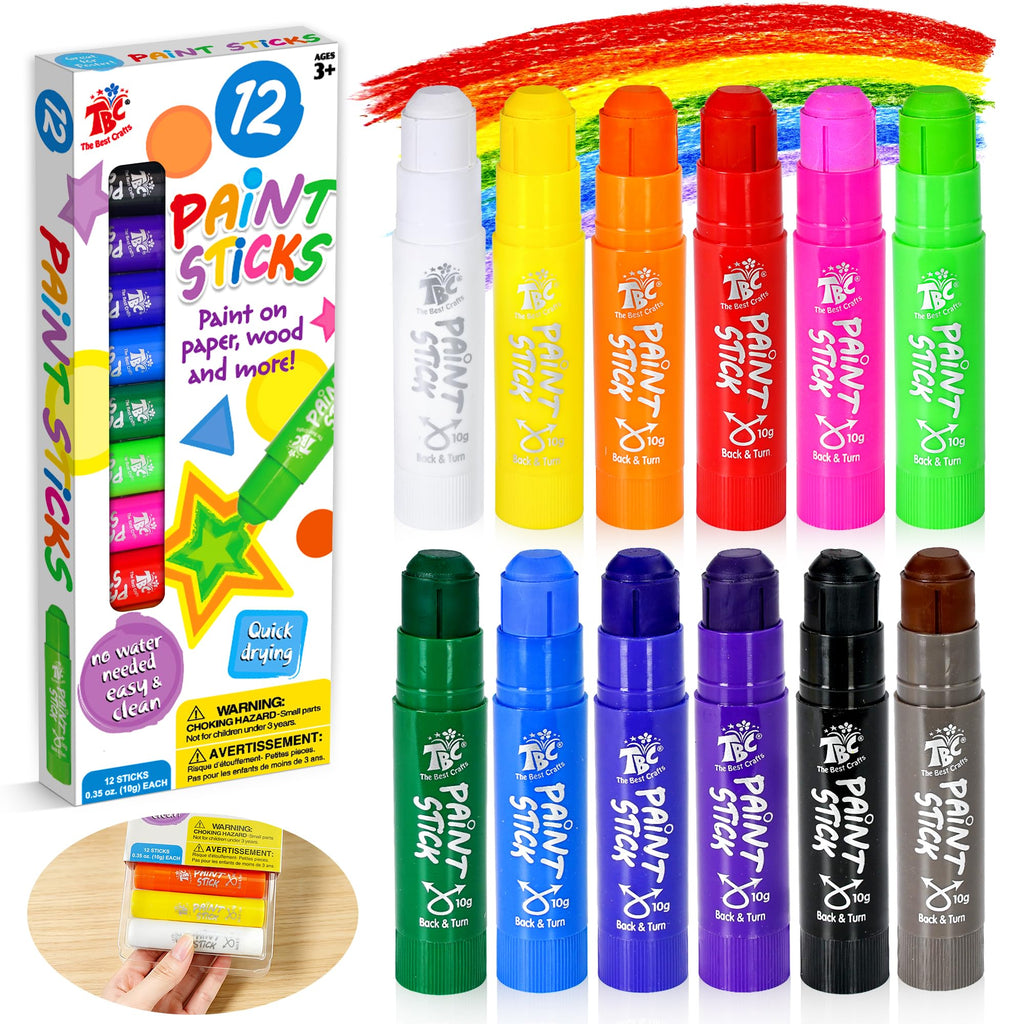 TBC The Best Crafts Paint Sticks for Kids Ages 2-8, 12 Classic Colors