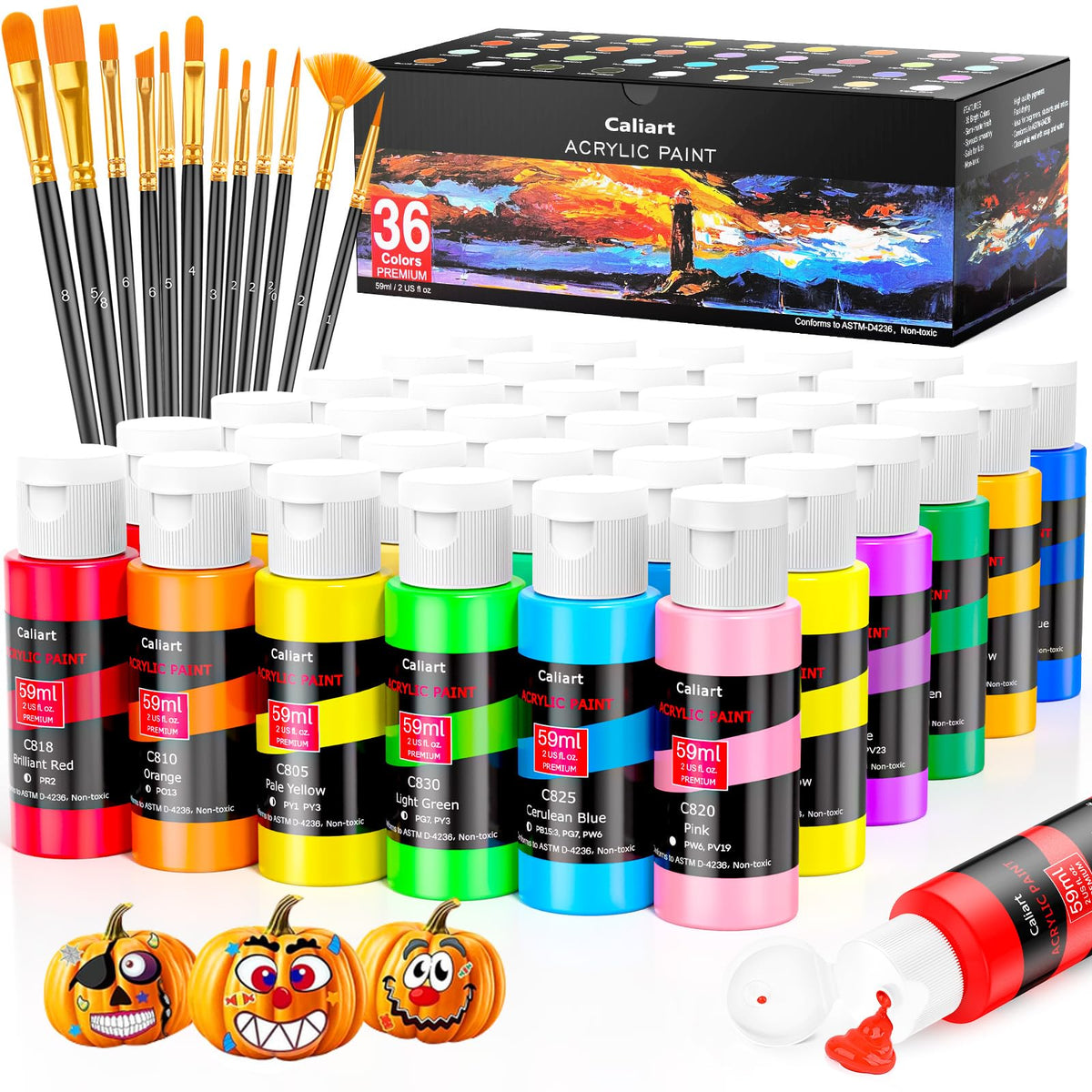 Caliart 36 Colors Acrylic Paint Set with 12 Brushes