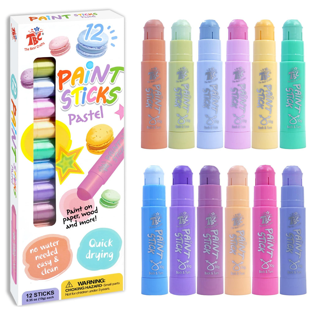 TBC The Best Crafts Paint Sticks for Kids Ages 2-8, 12 Classic Colors