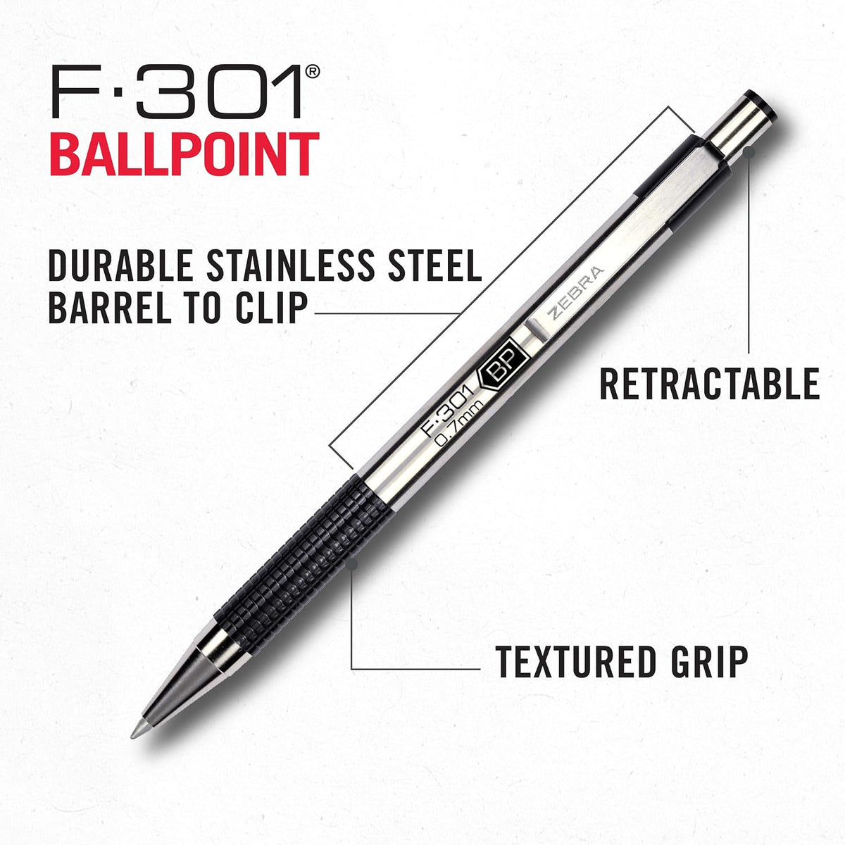 Zebra Pen STEEL F-301 Retractable Ballpoint Pen, Black Ink, 0.7mm, 4-Pack