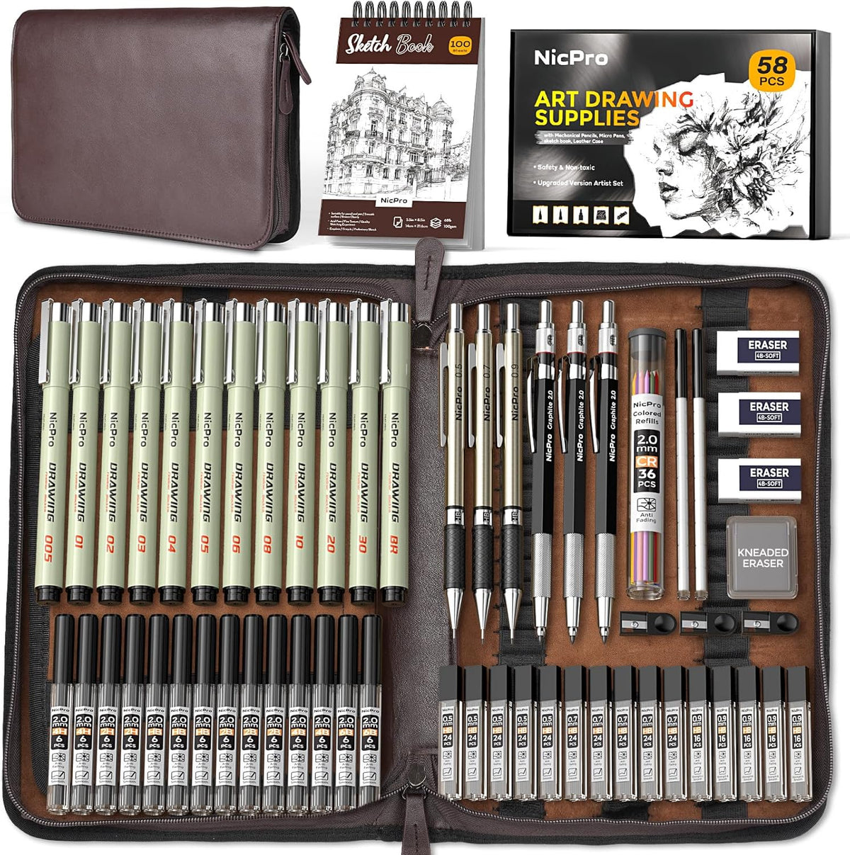 Nicpro 58PCS Art Drawing Supplies Kit, Leather Case, Art Supplies for Adult
