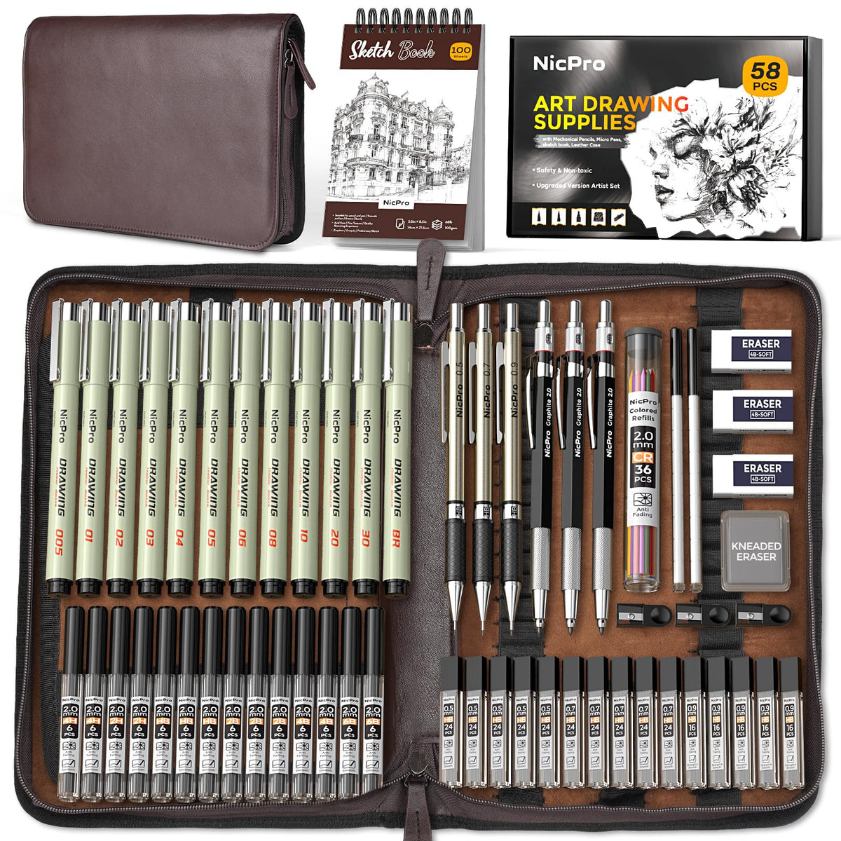 Nicpro 58PCS Art Drawing Supplies Kit, Leather Case, Art Supplies for Adult