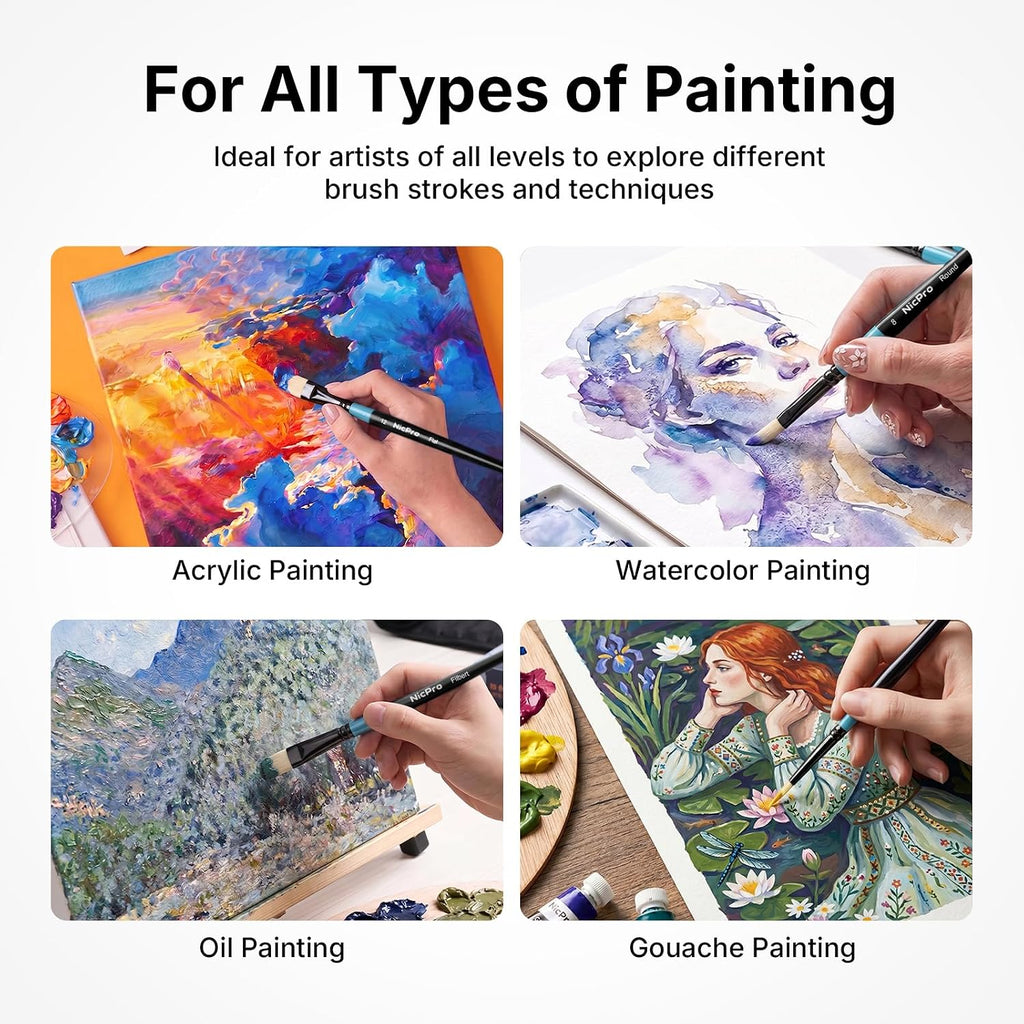 Nicpro 30pcs Paint Brush Set for Acrylic Painting, Oil, Watercolor, Gouache