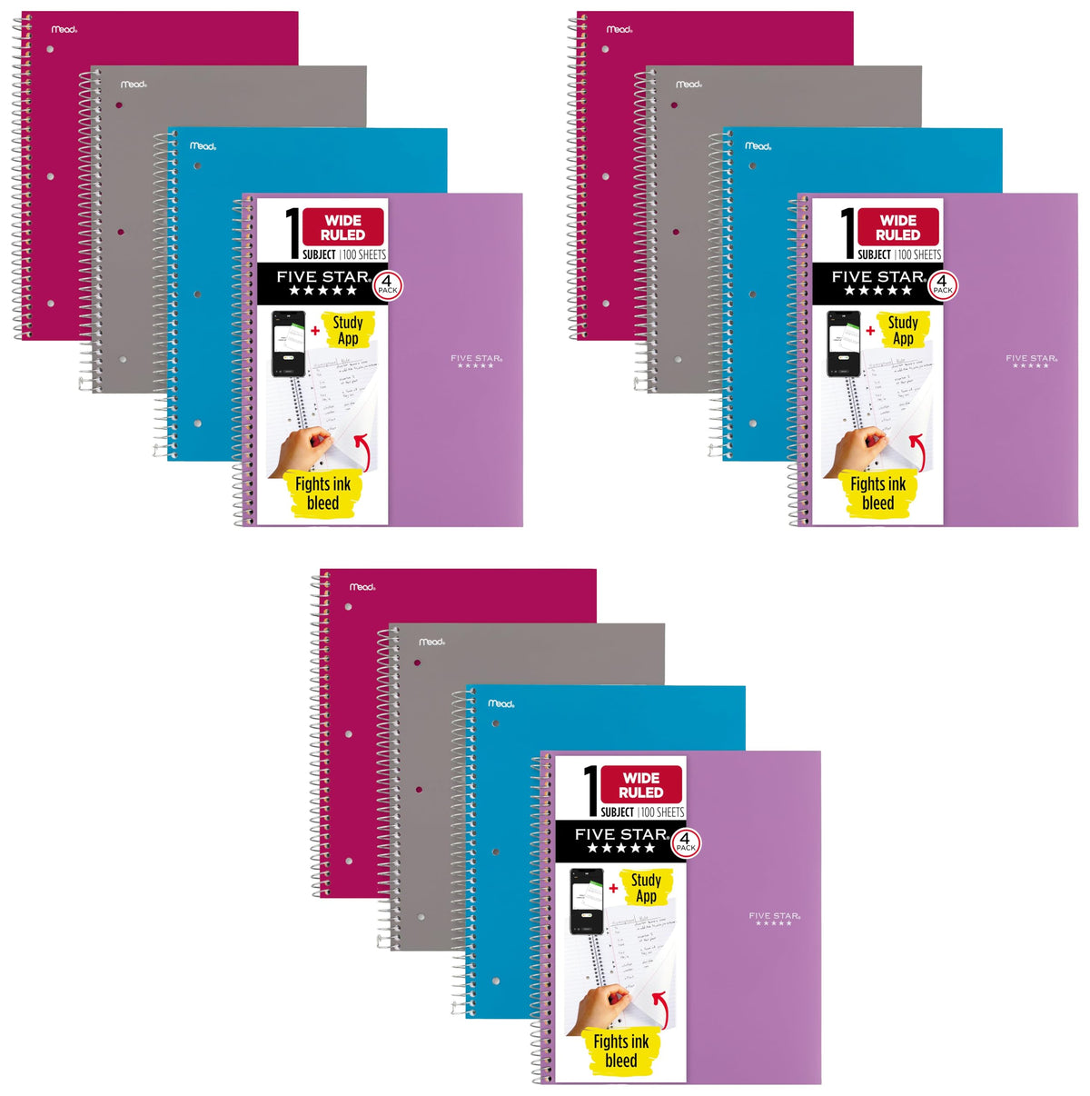 Five Star Spiral Notebook + Study App, 4 Pack, 1 Subject, Wide Ruled Paper, 8" x 10-1/2", 100 Sheets, Fights Ink Bleed, Water Resistant Cover, Purple, Pink, Gray and Blue (930105-ECM)