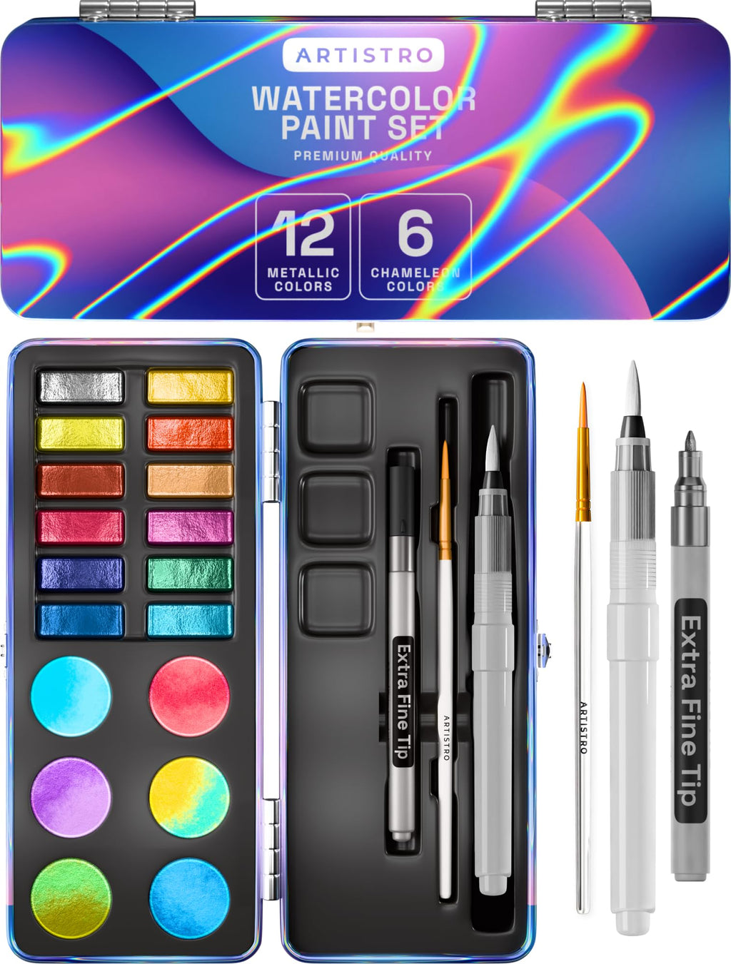 ARTISTRO Vivid Watercolor Paint Set with Palette & Brush Pens