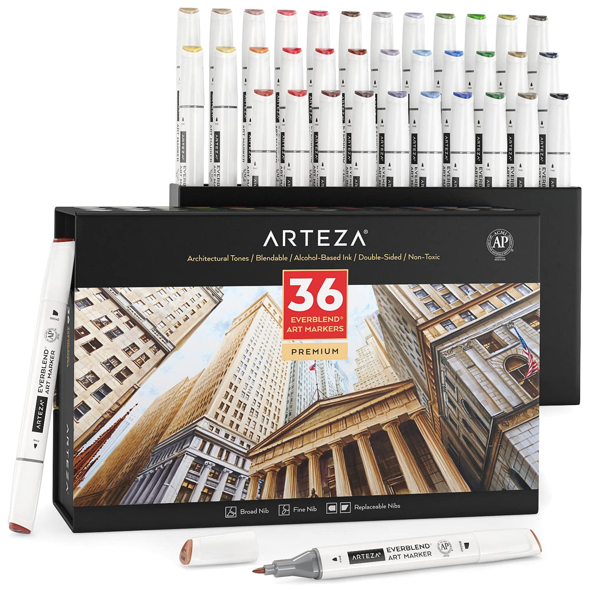 ARTEZA Alcohol Markers – Set of 36 Portrait & Skin Tone EverBlend Dual Tip Markers with Fine and Chisel Nibs and Organizer Box for Drawing