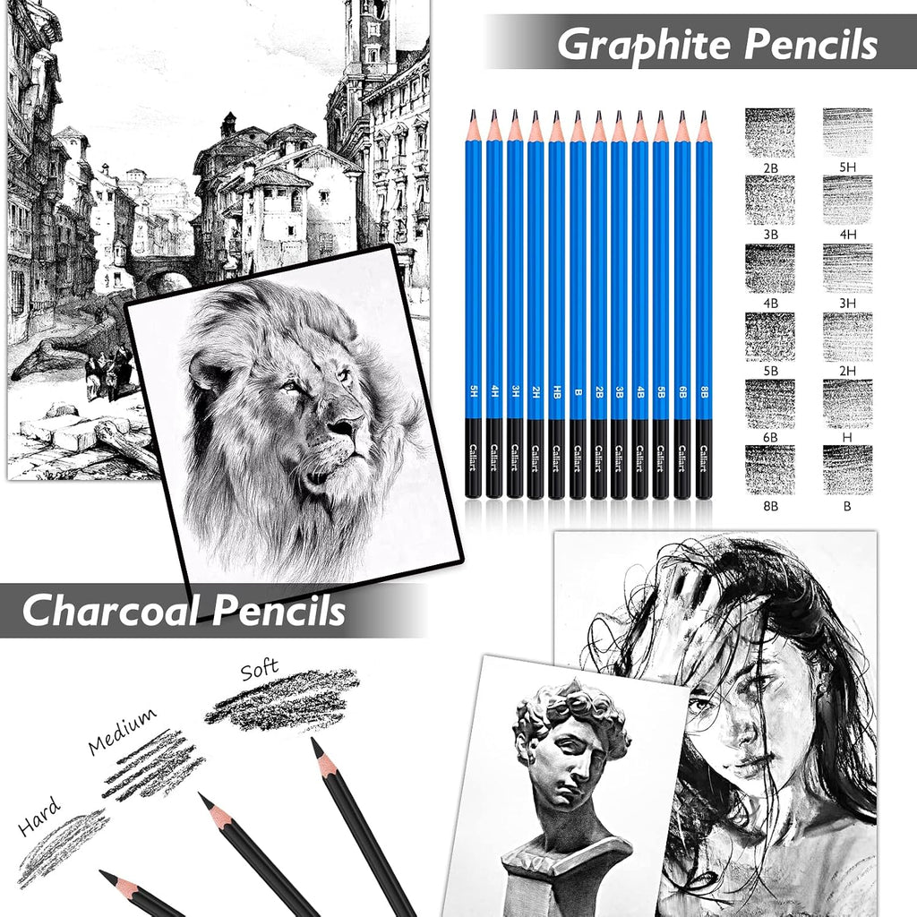 Caliart 176PCS Art Supplies Sketching Kit, 100 Sheets 3-Color Sketch Book