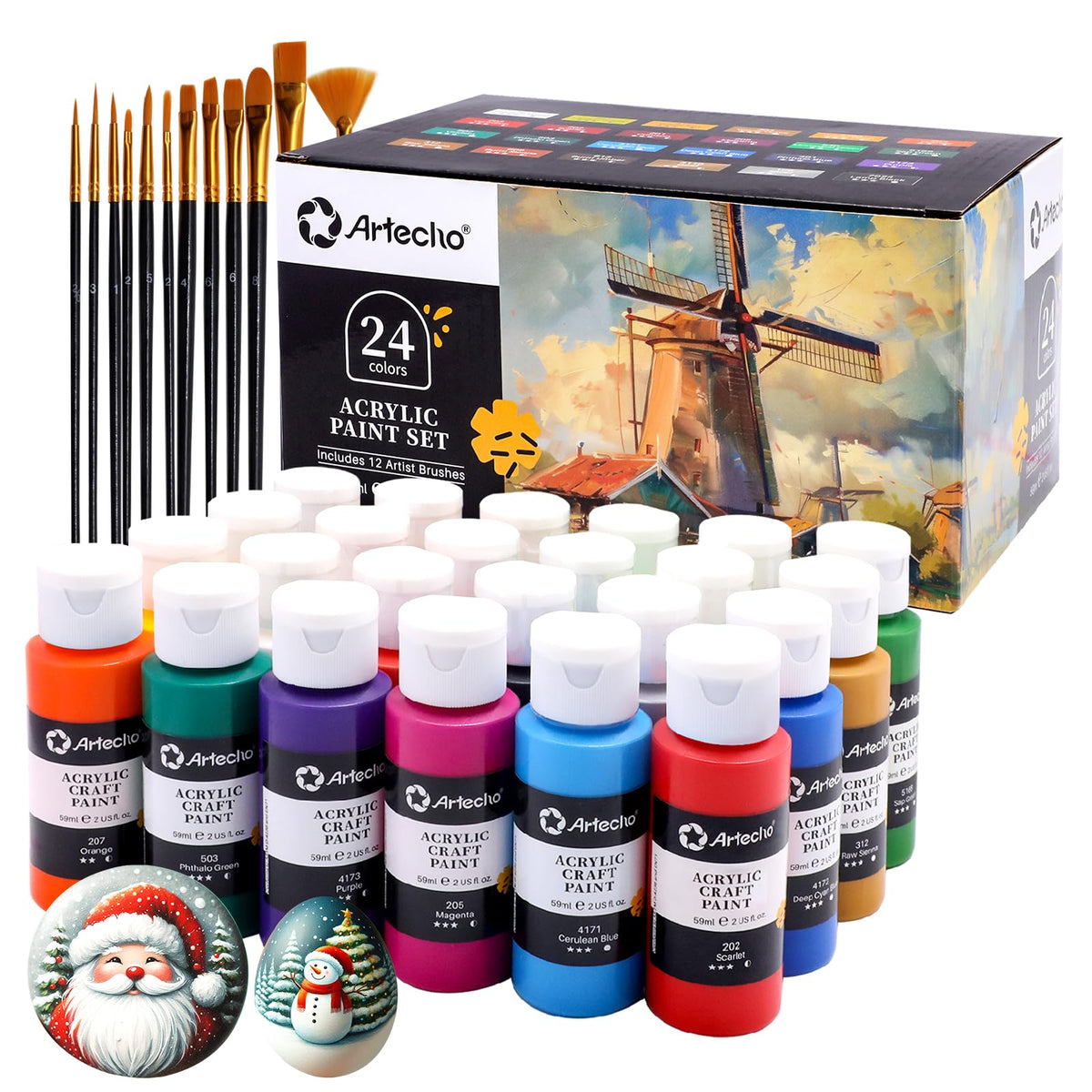 Artecho Acrylic Paint Set 48 Colors 2oz/59ml with 12 Brushes, Art Supplies