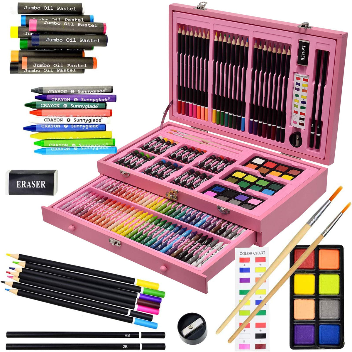 Sunnyglade 145 Piece Deluxe Art Set Wooden Art Box & Drawing Kit Cherry