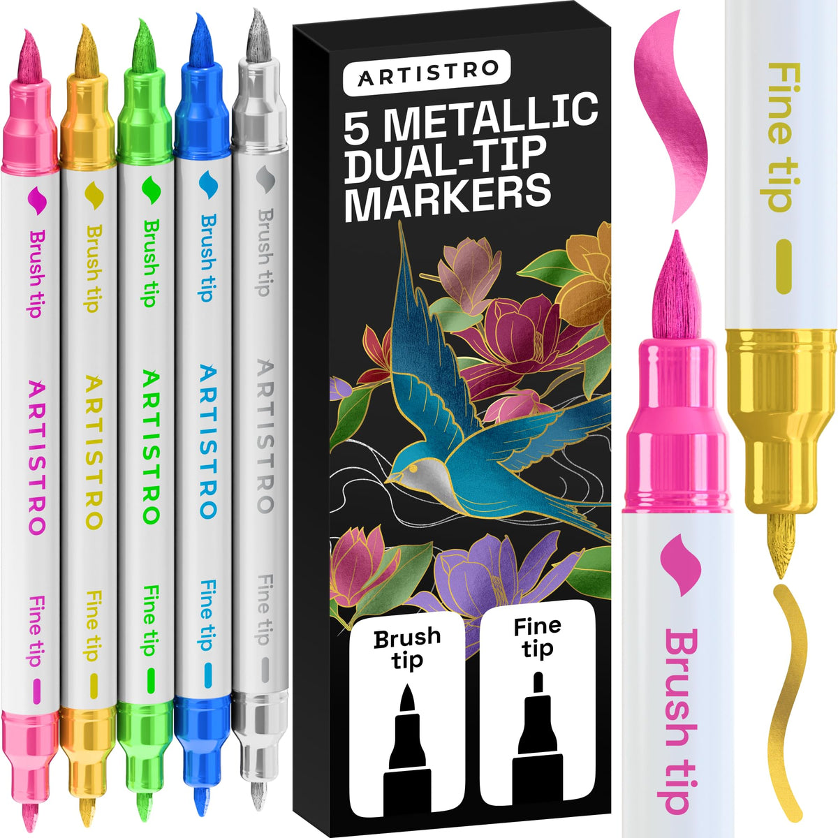 ARTISTRO 24 Metallic Dual-Tip Acrylic Paint Marker Pens for Drawing