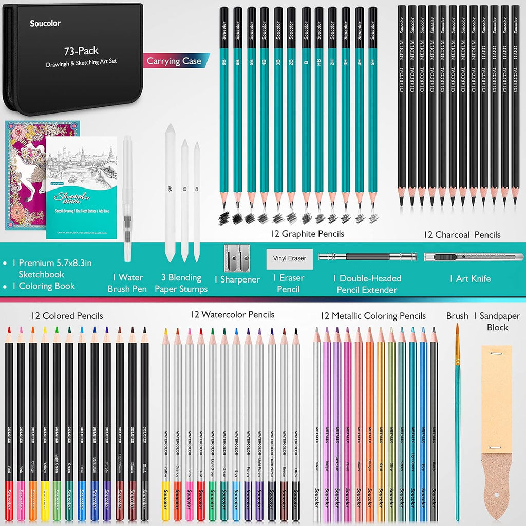 Soucolor 73Pcs Art Supplies Drawing Kit Sketch Pencils Set Adults Gift