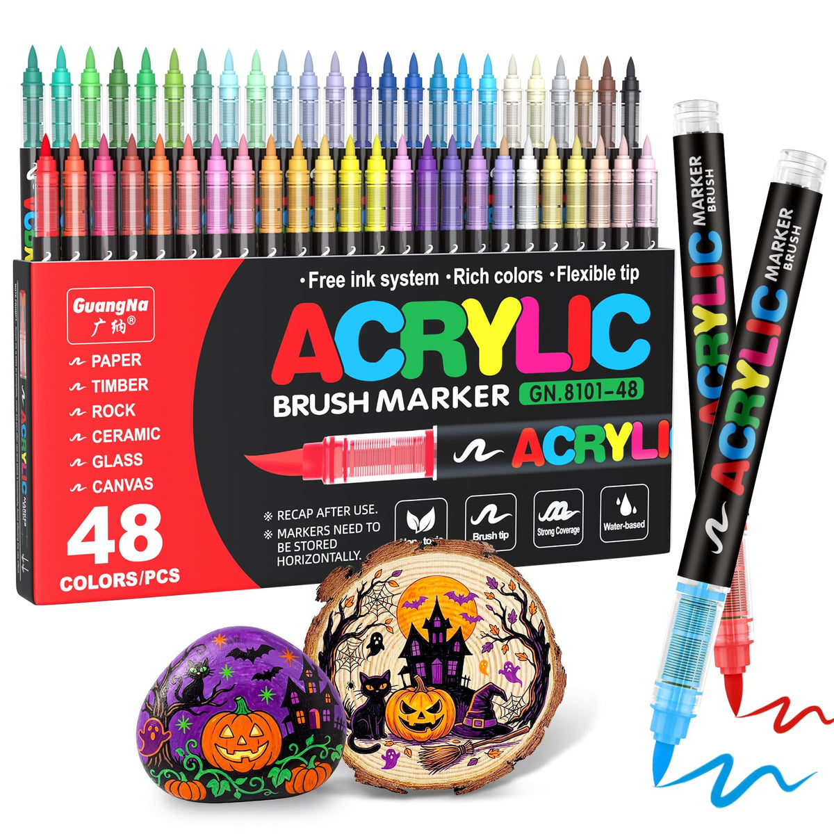 Guangna Acrylic Paint Markers Brush Tip, 72 Vivid Colors with Direct-Liquid Ink Control System, Professional-Grade Paint Pen for Rock Painting, Canvas, Glass, Plastic, Fabric & Creative Crafts