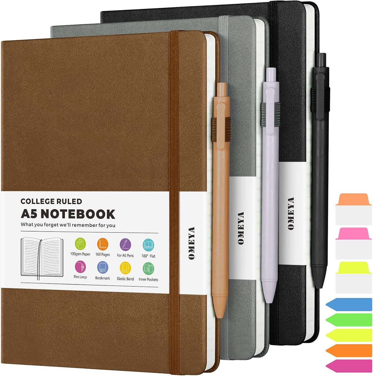 OMEYA A5 Hardcover Notebooks for Work: 3 Pack, 100gsm Paper, 160 Pages Each