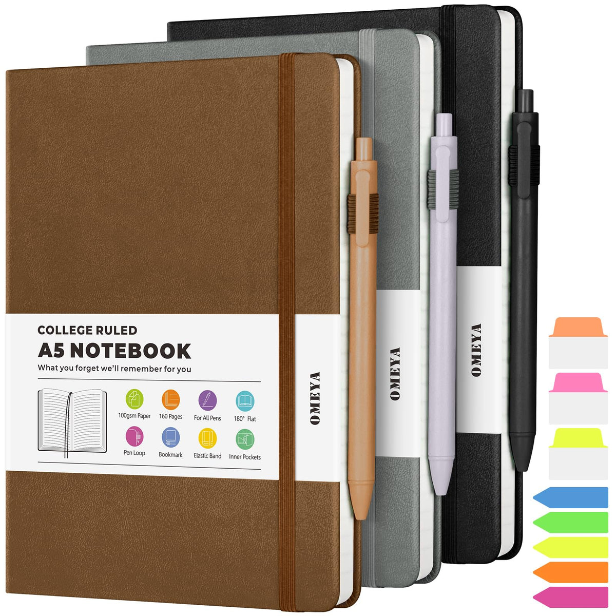 OMEYA A5 Hardcover Notebooks for Work: 3 Pack, 100gsm Paper, 160 Pages Each