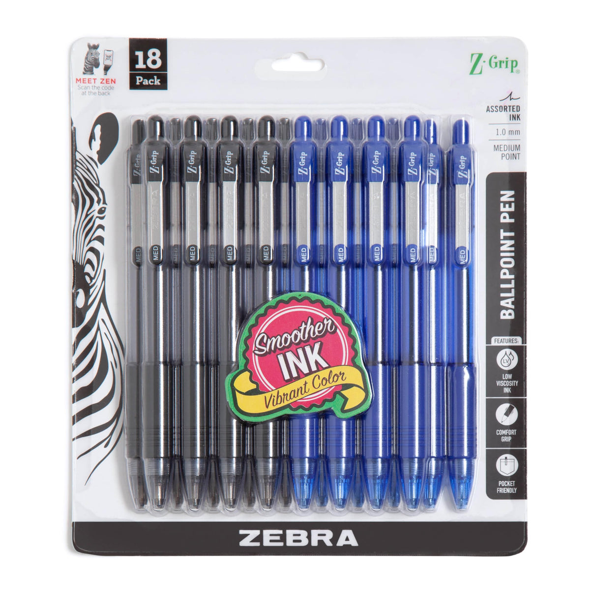 Zebra Pen Z-Grip Retractable Ballpoint Pen, Black Ink, 1.0mm, 18-Pack