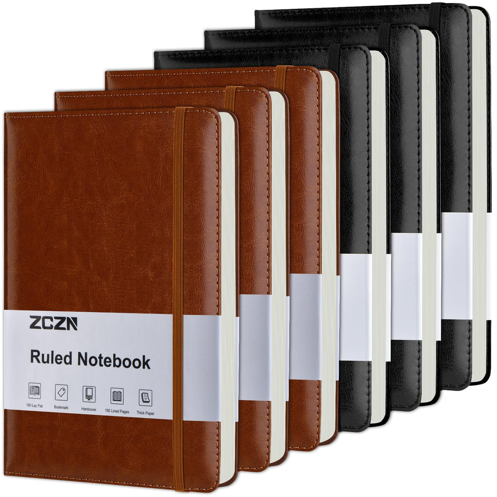 ZCZN 6 Pack Lined Journal Notebooks for Work, 5.5x8.3 in, 192 Pages, Hardcover Leather A5 Journals for Writing, Diary & Travel, Ruled Journaling Notebooks for School, Office, Home (Brown*6)