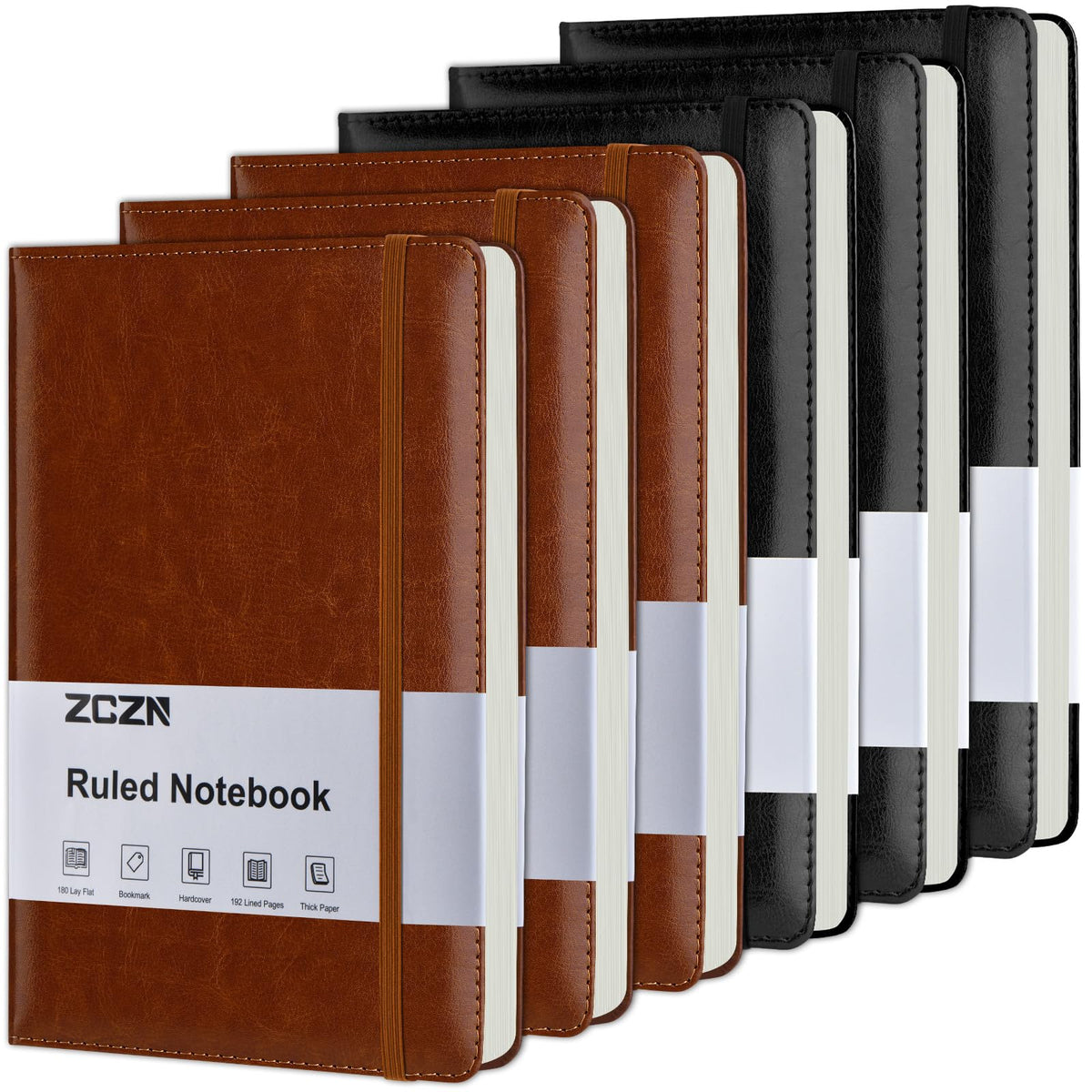 ZCZN 6 Pack Lined Journal Notebooks for Work, 5.5x8.3 in, 192 Pages, Hardcover Leather A5 Journals for Writing, Diary & Travel, Ruled Journaling Notebooks for School, Office, Home (Brown*6)