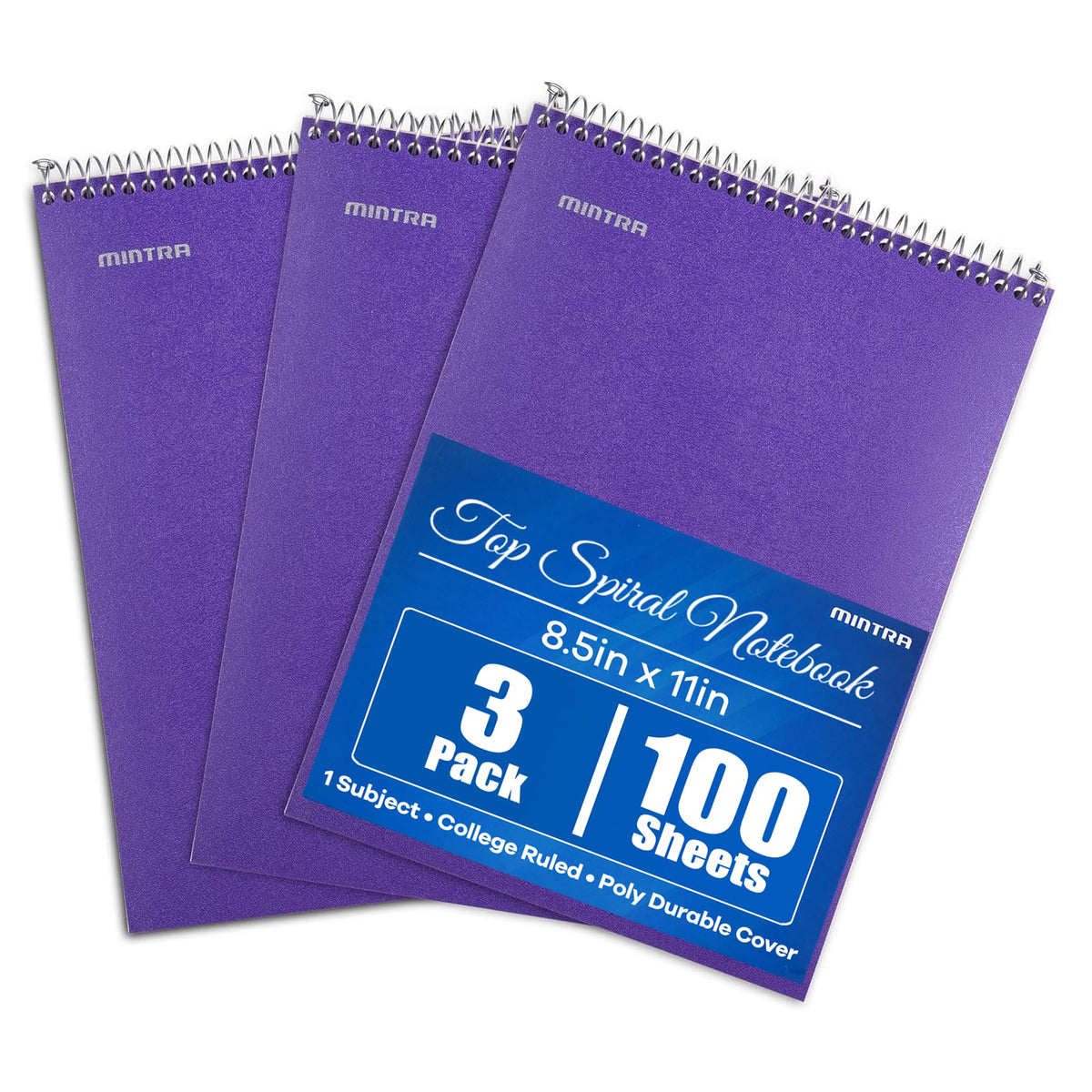 Mintra Office TOP BOUND Durable Spiral Notebooks (Lavender, Salmon, Sage Green, College Ruled 3pk)
