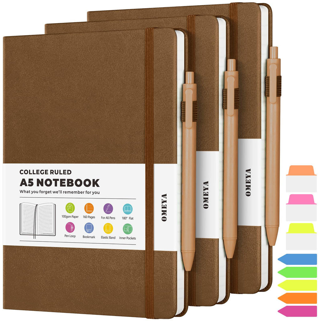 OMEYA A5 Hardcover Notebooks for Work: 3 Pack, 100gsm Paper, 160 Pages Each