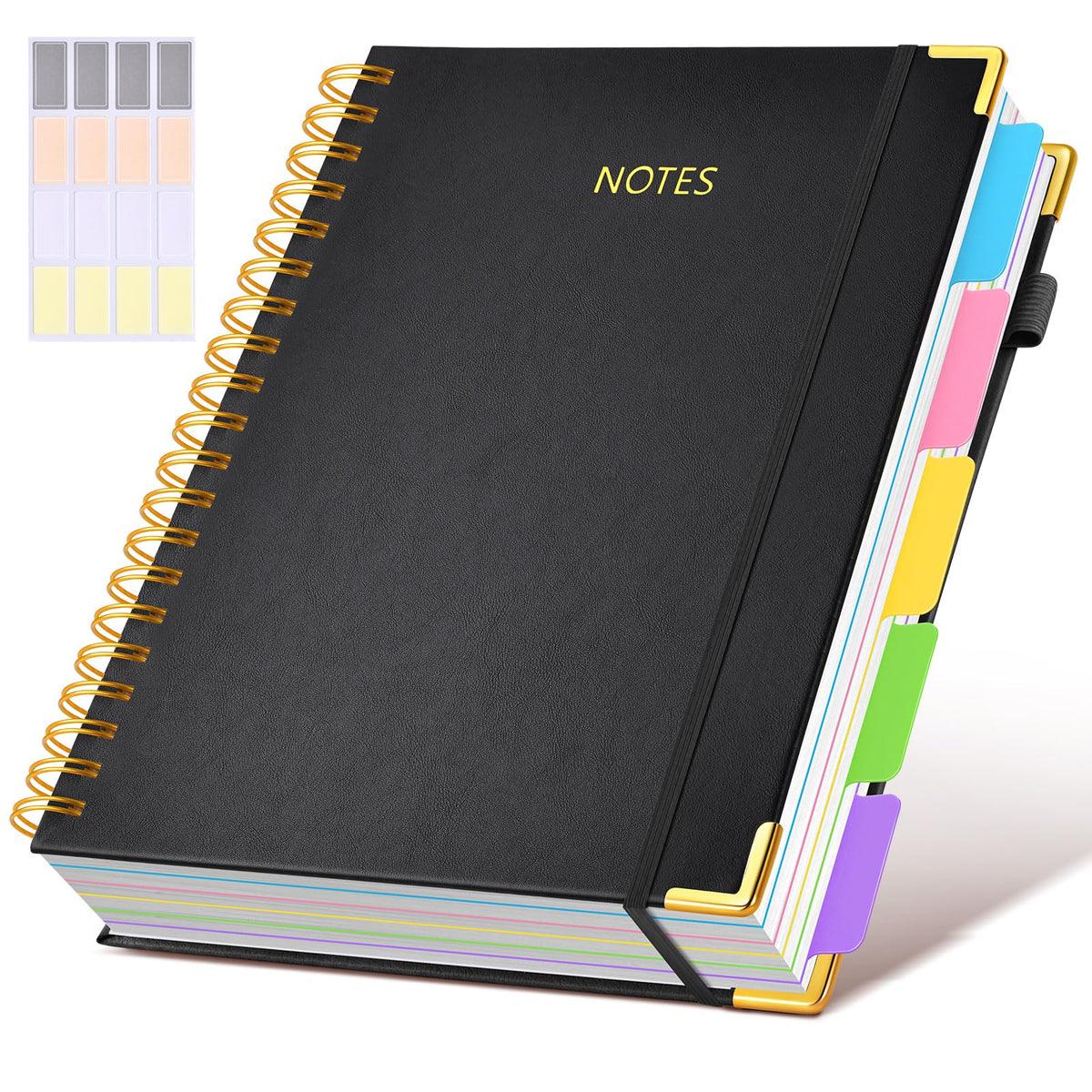 Hardcover Spiral Notebook journal with Removable Dividers Tabs, 300 Pages Leather 5 Subject Notebook College Ruled, 8"x10" Large B5 Notebooks for Work School Note taking, Lined Journal for Women,Black