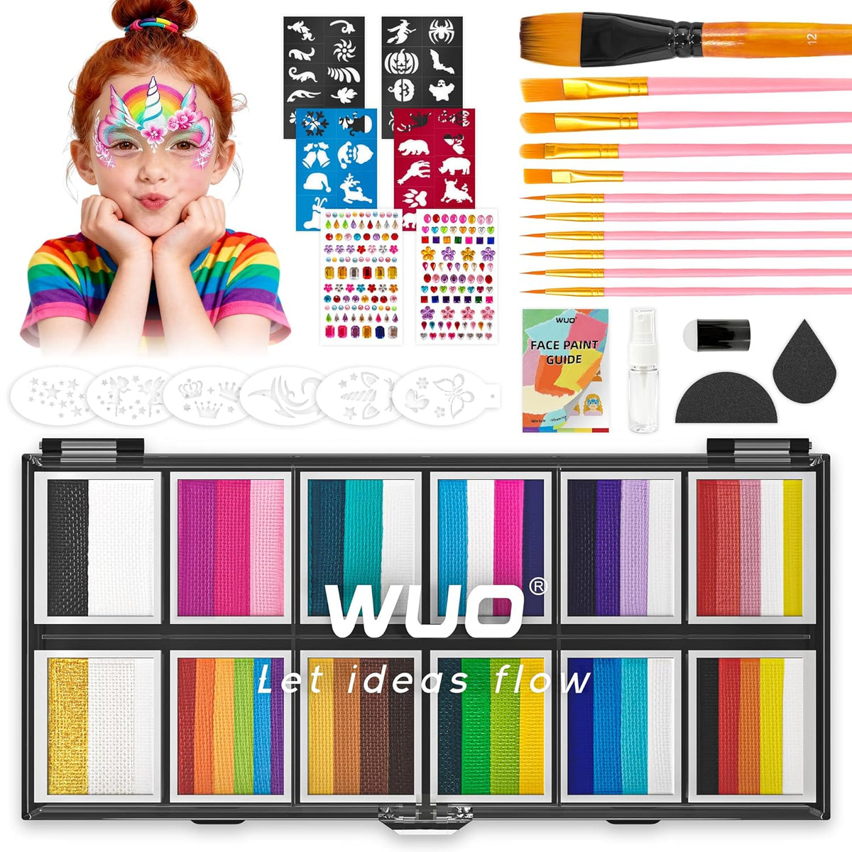 WUO Professional Face Painting Kit for Kids, 12x10g Split Cake Palette