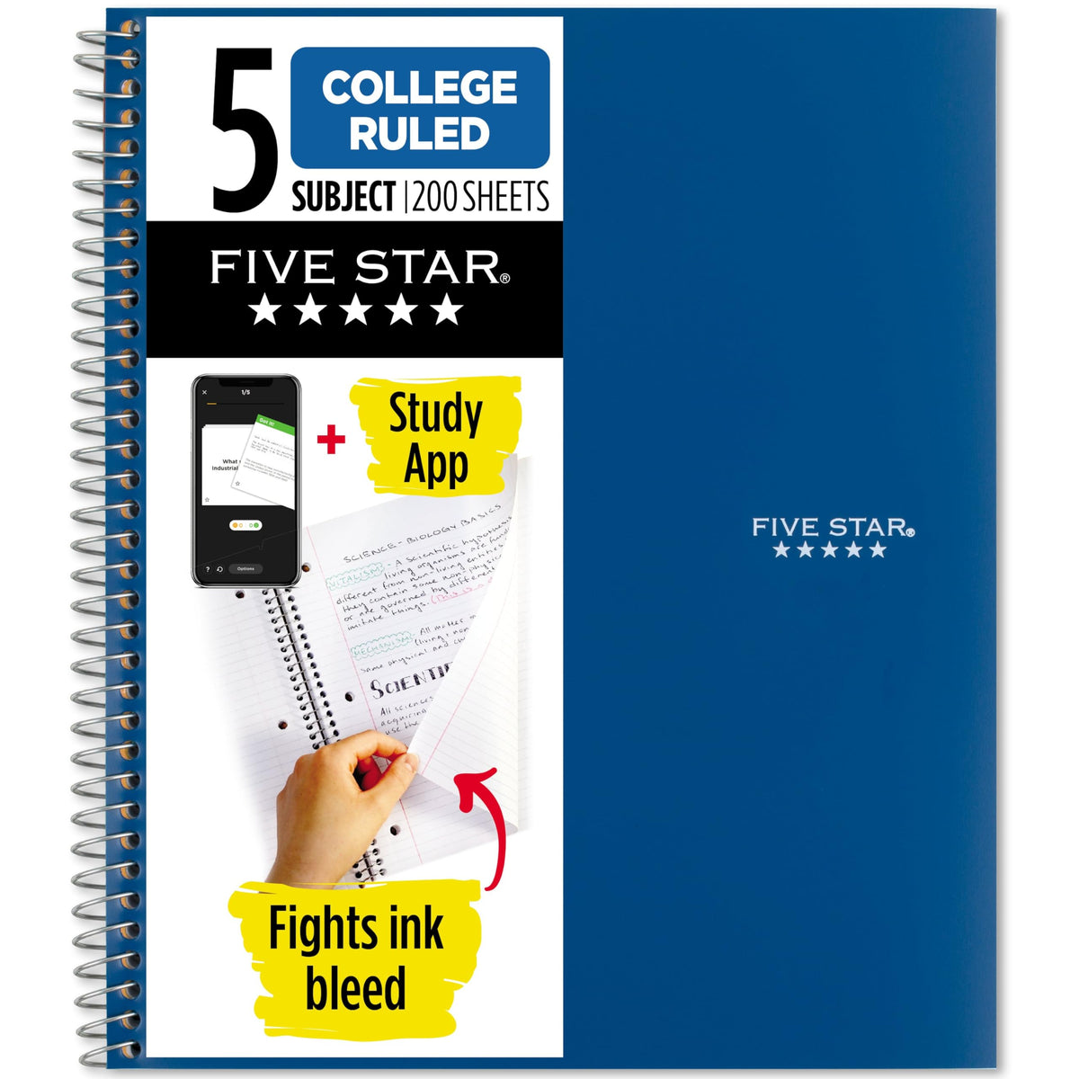 Five Star Spiral Notebook + Study App, 6 Pack, 5 Subject, College Ruled Paper, Fights Ink Bleed, Water Resistant Cover, 8-1/2" x 11", 200 Sheets, Assorted Colors (73793)