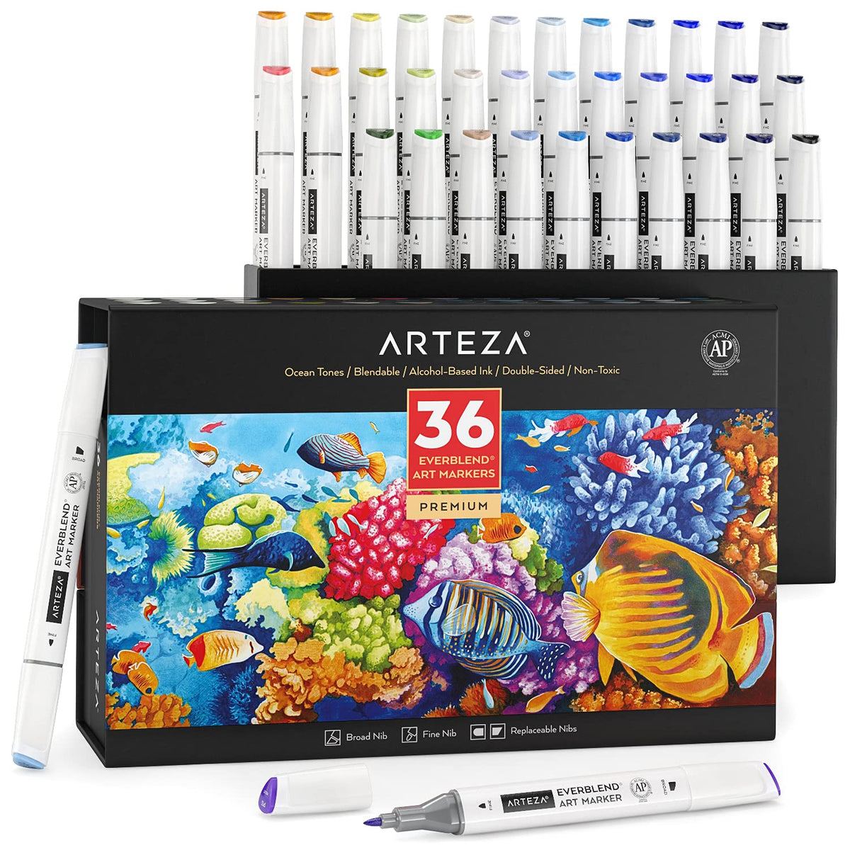 ARTEZA Alcohol Markers – Set of 36 Portrait & Skin Tone EverBlend Dual Tip Markers with Fine and Chisel Nibs and Organizer Box for Drawing