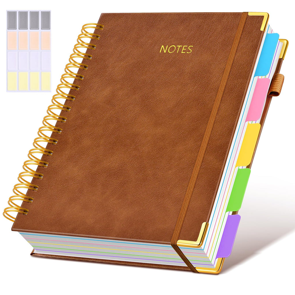 Hardcover Spiral Notebook journal with Removable Dividers Tabs, 300 Pages Leather 5 Subject Notebook College Ruled, 8"x10" Large B5 Notebooks for Work School Note taking, Lined Journal for Women,Black