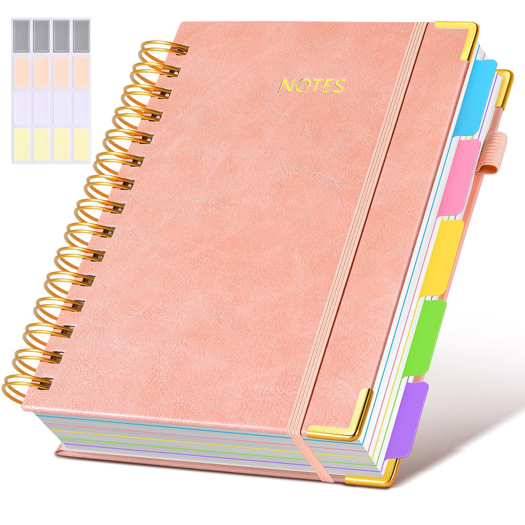 Hardcover Spiral Notebook journal with Removable Dividers Tabs, 300 Pages Leather 5 Subject Notebook College Ruled, 8"x10" Large B5 Notebooks for Work School Note taking, Lined Journal for Women,Black