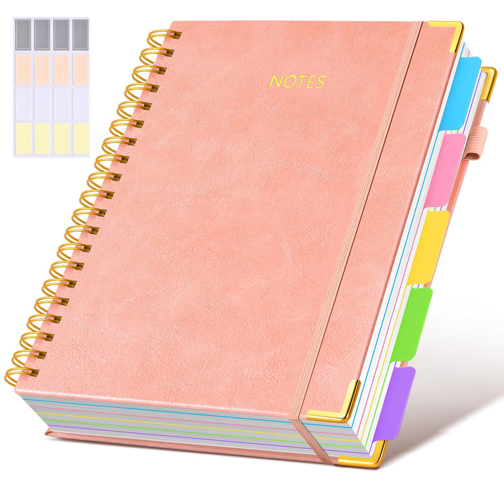 Hardcover Spiral Notebook journal with Removable Dividers Tabs, 300 Pages Leather 5 Subject Notebook College Ruled, 8"x10" Large B5 Notebooks for Work School Note taking, Lined Journal for Women,Black