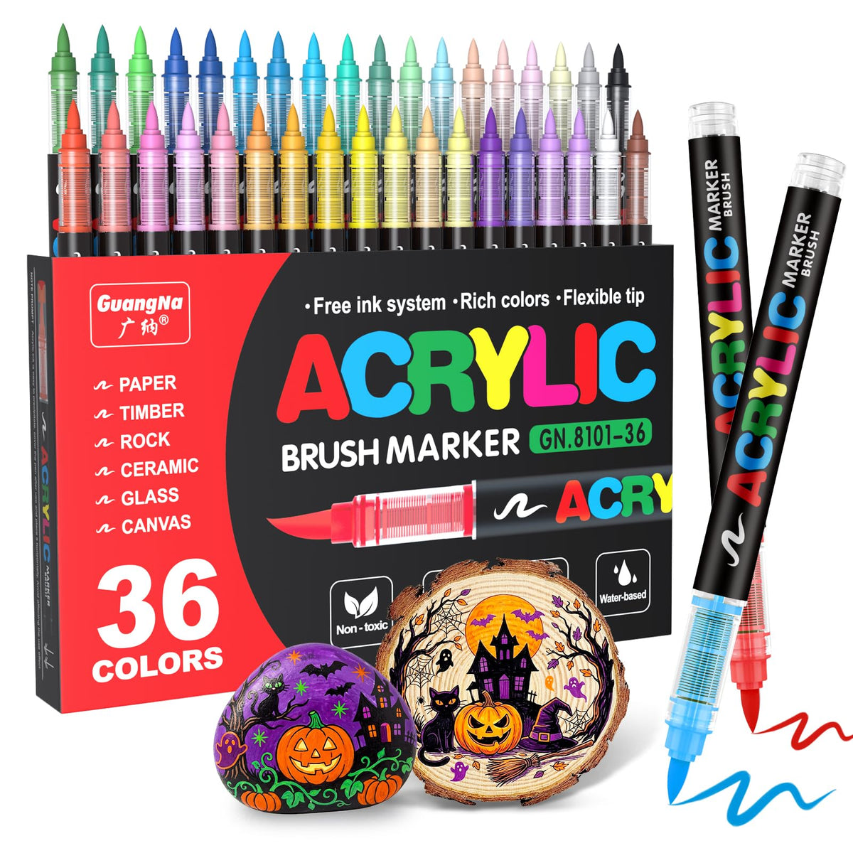 Guangna Acrylic Paint Markers Brush Tip, 72 Vivid Colors with Direct-Liquid Ink Control System, Professional-Grade Paint Pen for Rock Painting, Canvas, Glass, Plastic, Fabric & Creative Crafts
