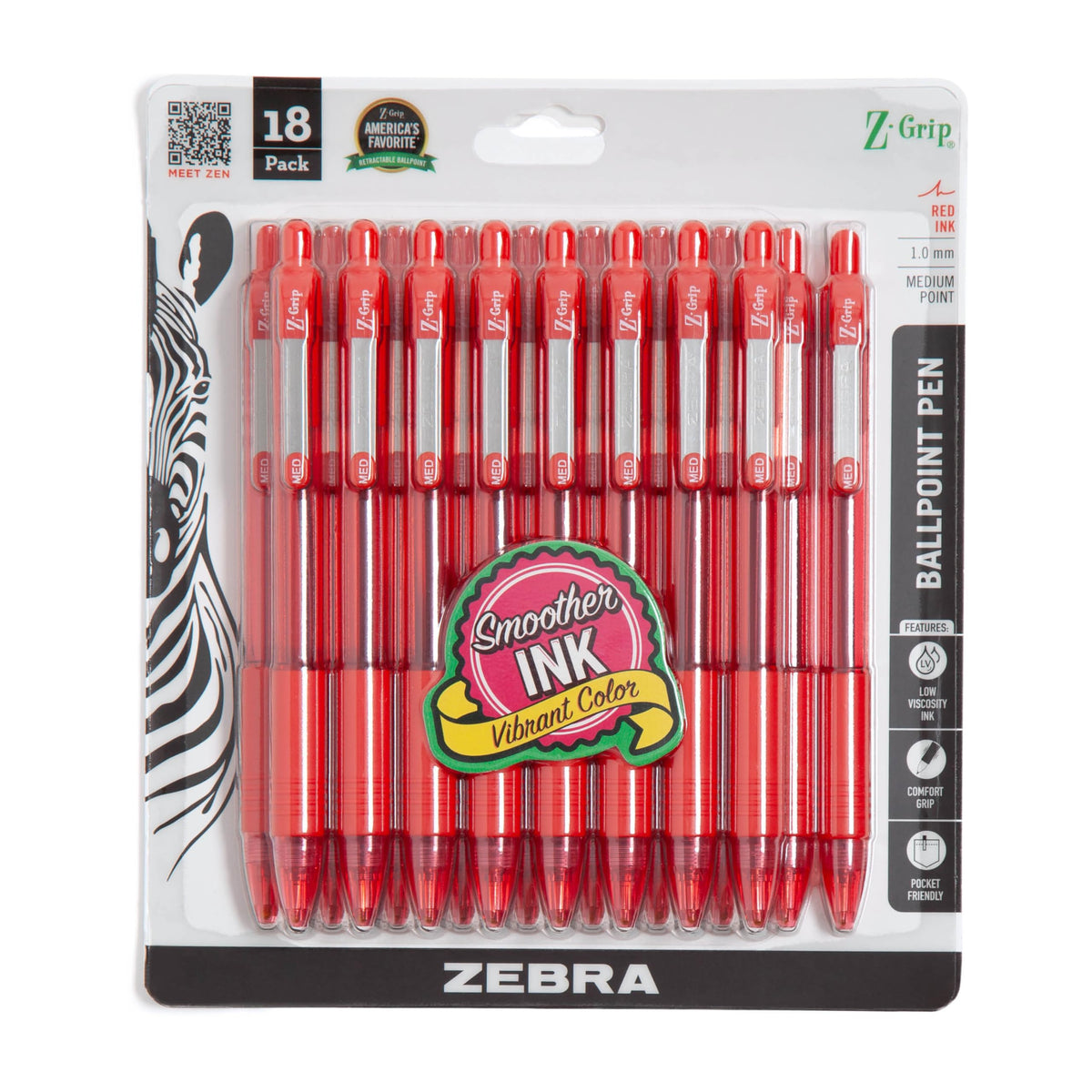 Zebra Pen Z-Grip Retractable Ballpoint Pen, Black Ink, 1.0mm, 18-Pack