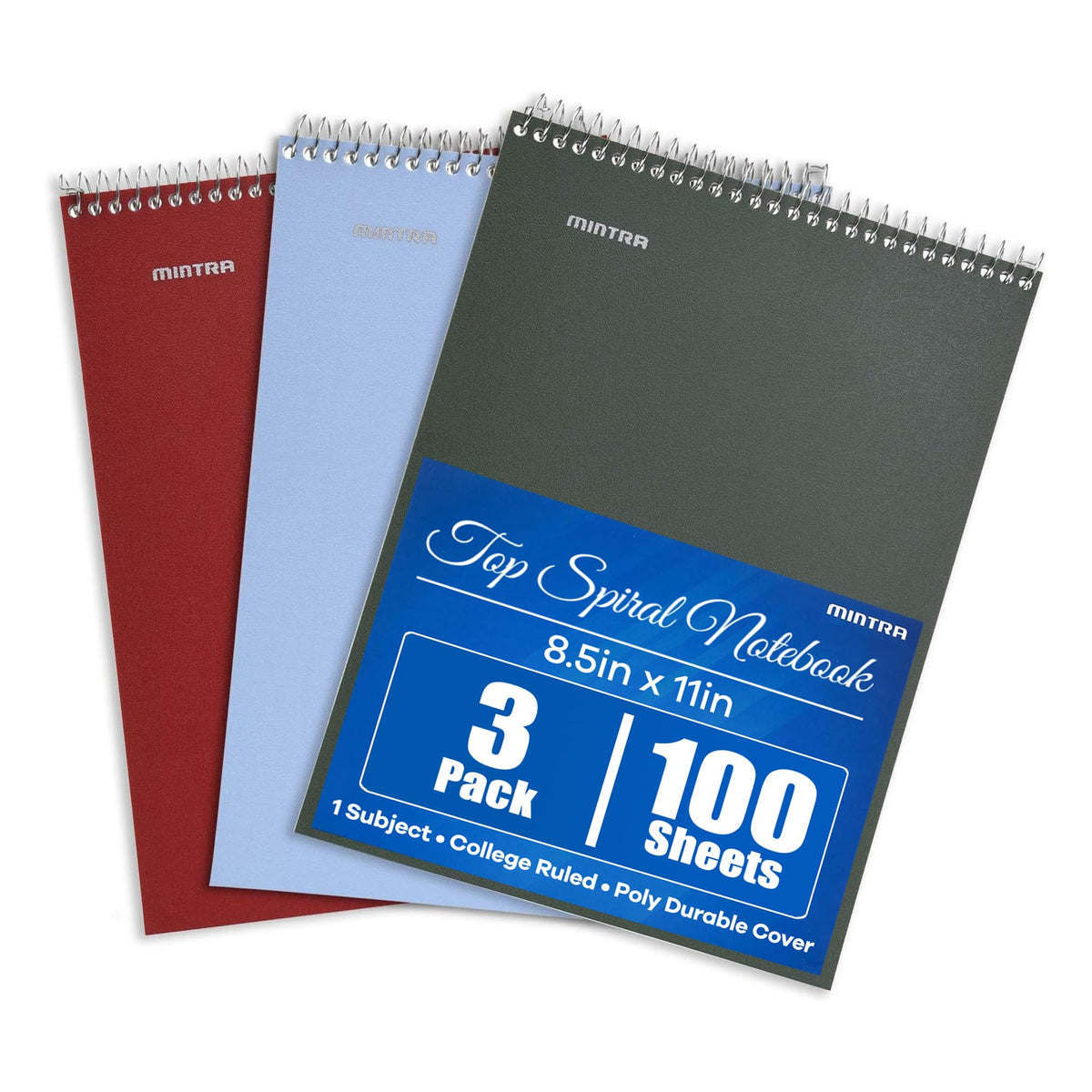 Mintra Office TOP BOUND Durable Spiral Notebooks (Lavender, Salmon, Sage Green, College Ruled 3pk)