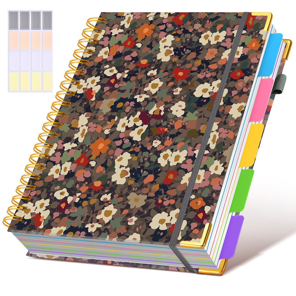Hardcover Spiral Notebook journal with Removable Dividers Tabs, 300 Pages Leather 5 Subject Notebook College Ruled, 8"x10" Large B5 Notebooks for Work School Note taking, Lined Journal for Women,Black