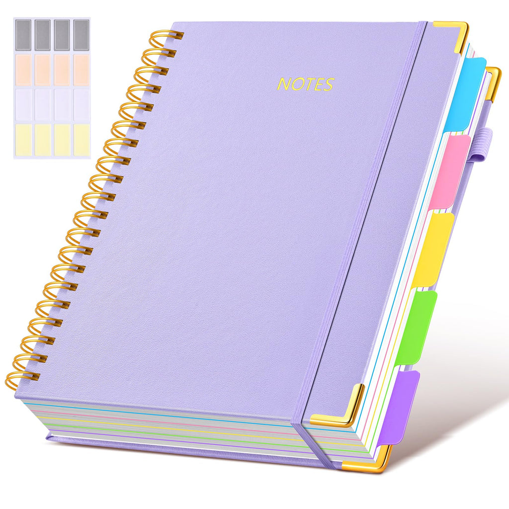 Hardcover Spiral Notebook journal with Removable Dividers Tabs, 300 Pages Leather 5 Subject Notebook College Ruled, 8"x10" Large B5 Notebooks for Work School Note taking, Lined Journal for Women,Black