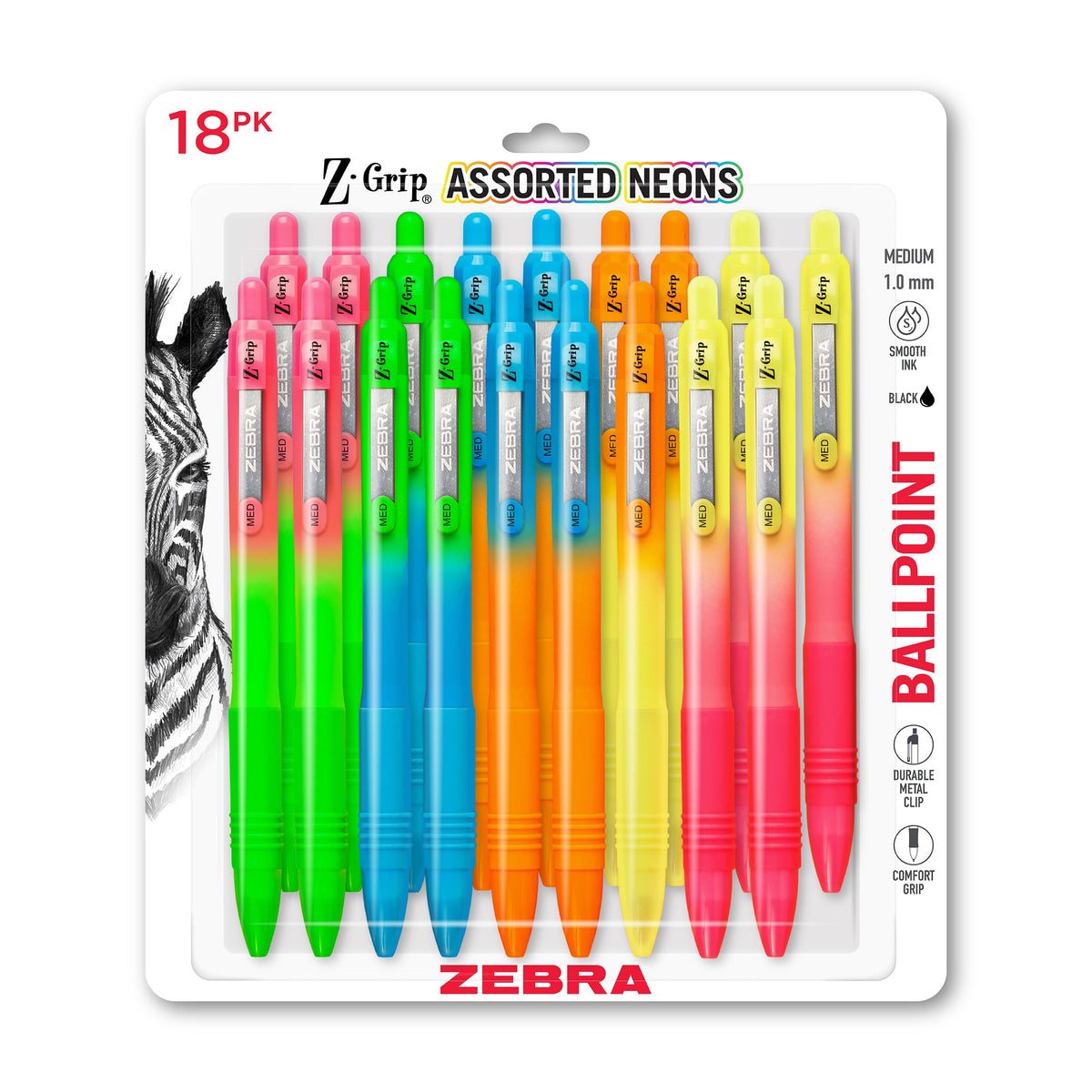 Zebra Pen Z-Grip Retractable Ballpoint Pen, Black Ink, 1.0mm, 18-Pack
